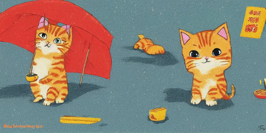 Prompt: an orange tabby kitten waiting in the rain in chuncheon by richard scarry