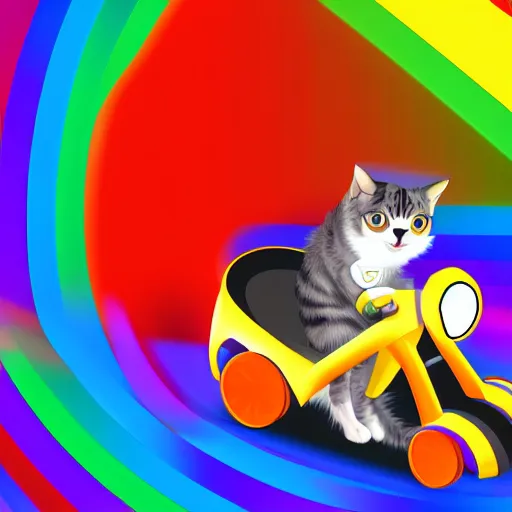 Image similar to digital illustration of a cat with wind blowing through his jacket, driving a kart through rainbow road, 4K