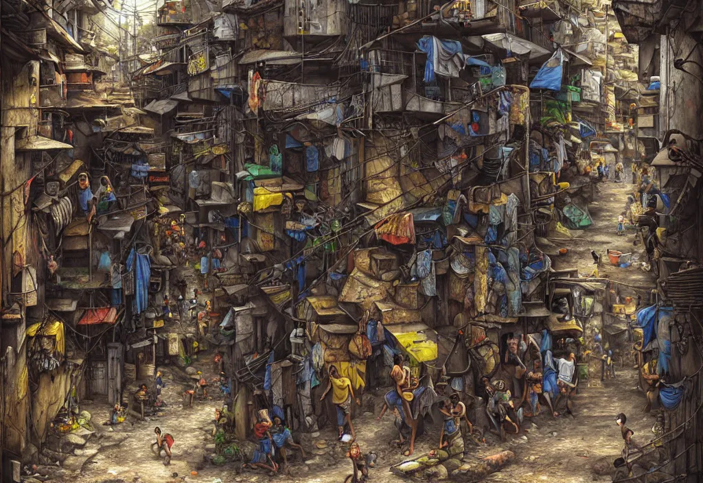 Image similar to photorealistic favela rocinha rio de janeiro with precise rendered alleys with intricate details of gun happy people in alley close view by Justin Gerard