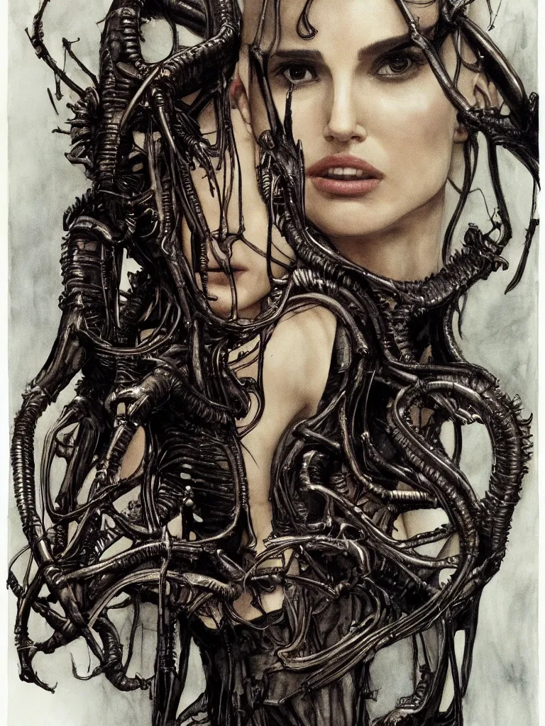 Image similar to a beautiful portrait of natalie portman with a xenomorph queen by h.r. giger and by arthur rackham and by john william waterhouse, detailed, proportional, trending on art station, 4k