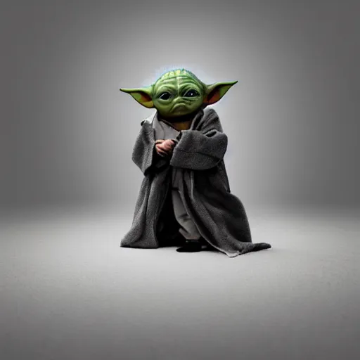 Image similar to full body pose, hyperrealistic photograph of baby yoda dressed as a pimp, dim volumetric lighting, 8 k, octane beautifully detailed render, extremely hyper detailed, intricate, epic composition, cinematic lighting, masterpiece, trending on artstation, very very detailed, stunning, hdr, smooth, sharp focus, high resolution, award, winning photo, dslr, 5 0 mm