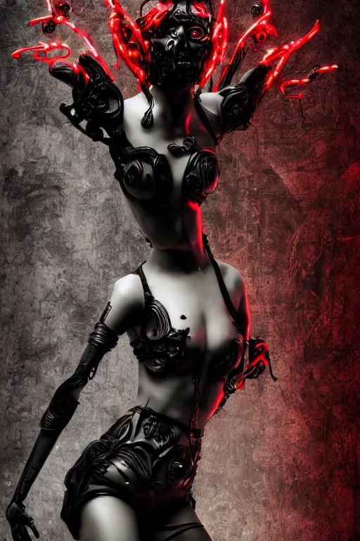 Image similar to full-body cyberpunk style sculpture of a young beautiful dark priestess, half android with a head opening exposing circuitry, glowing red eyes, black roses, flowing blood red colored silk, fabric, candles. baroque elements, human skull. full-length view. baroque element. intricate artwork by caravaggio. crows flying in background. Trending on artstation, octane render, cinematic lighting from the right, hyper realism, octane render, 8k, depth of field, 3D