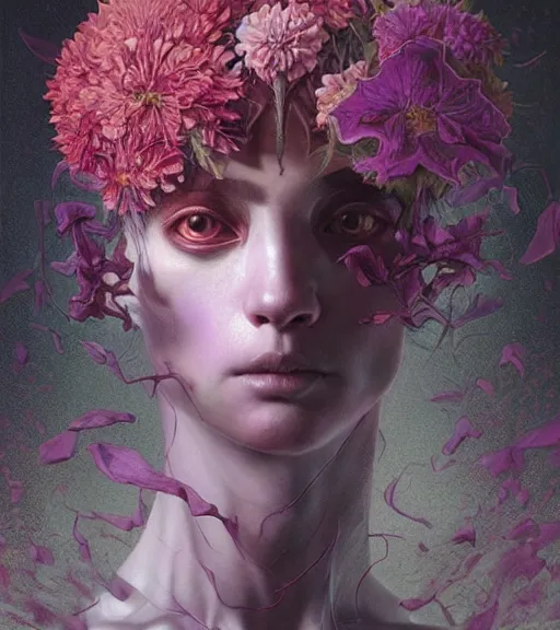 Image similar to portrait, beautiful madness, flowers by wayne barlowe, toru kamei, artgerm and greg rutkowski, tanaka suguru, itsuko azuma, kinuko y. craft, mysterious, abstract aesthetic!!! hyper detailed