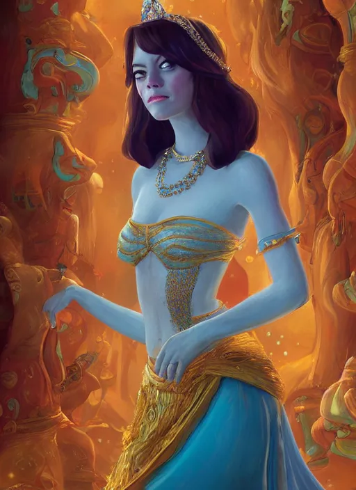 Image similar to portrait of emma stone as princess jasmine, hyper detailed, digital art, trending in artstation, cinematic lighting, studio quality, smooth render, unreal engine 5 rendered, octane rendered, art style by klimt and nixeu and ian sprigger and wlop and krenz cushart.