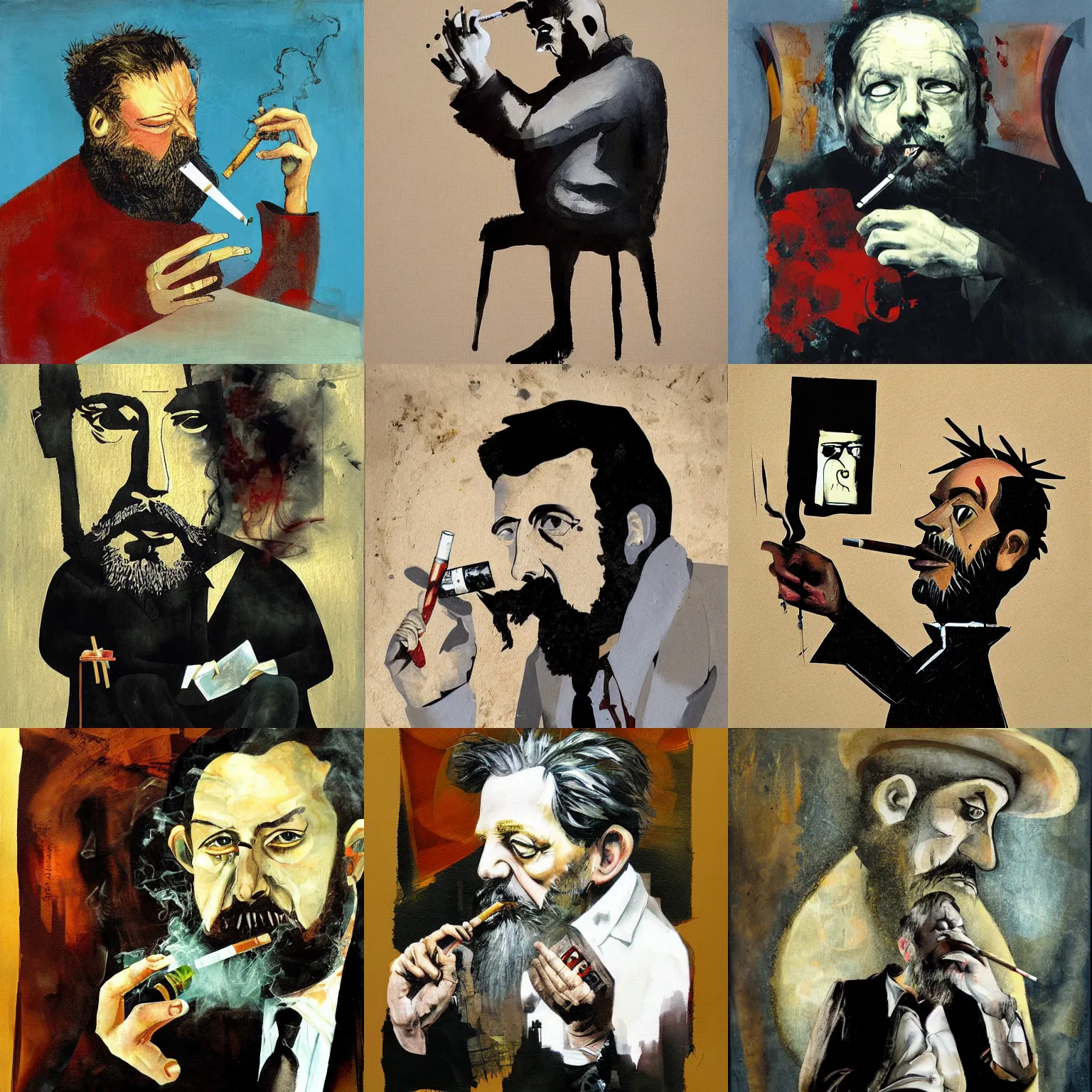 Prompt: Dave McKean painting of a writer with a beard sitting, he is smoking a cigarette, he is holding a bottle in his other hand