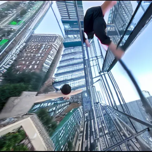 Image similar to first person perspective pov of parkour at high buildings