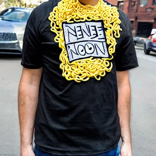 Prompt: a man wearing a funny tshirt with ramen noodles that says send noods