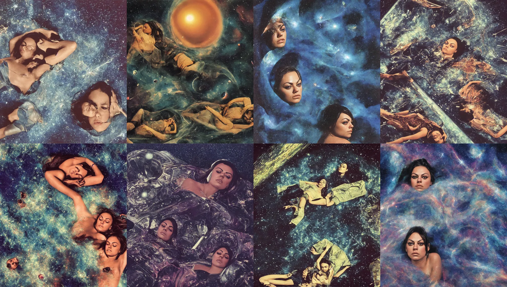 Prompt: close face portrait of Mila Kunis sleeping in an derelict space station, saturated nebula background, 1970, Ludek Pesek, Rick Guidice, Chesley Bonestell, Lucien Rudaux, Rolf Klep, Fred Freeman, George Pal