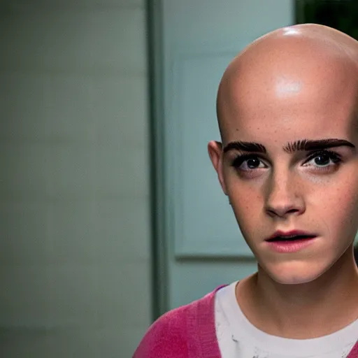 Image similar to an movie still of Emma Watson bald as eleven bald in stranger things, close up, high details,