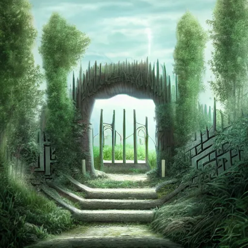 Prompt: beautiful matte painting of entrance to maze