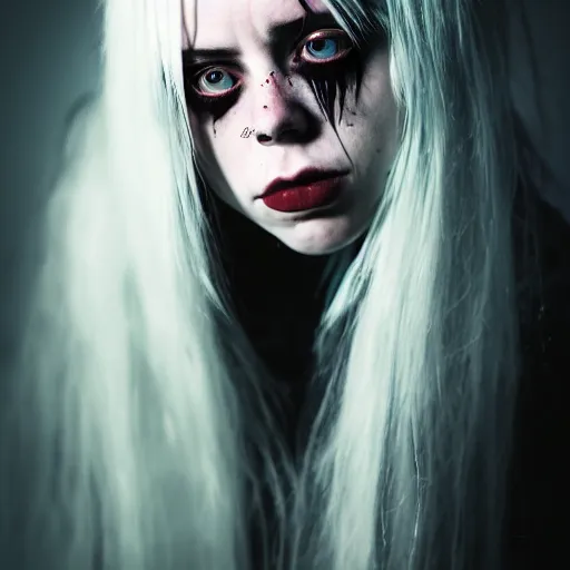 Prompt: Adult Billie Eilish as a demon in heaven, blood flowing from eyes, grungy, unkept hair, glowing eyes, modelsociety, radiant skin, huge anime eyes, RTX on, bright on black, dramatic, studio lighting, perfect face, intricate, Sony a7R IV, symmetric balance, polarizing filter, Photolab, Lightroom, 4K, Dolby Vision, Photography Award