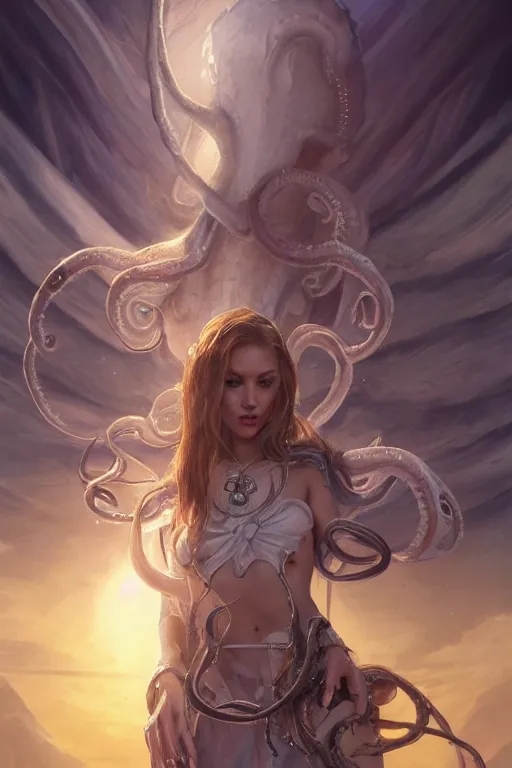 Image similar to a holy cephalopod with long powerful tentacles and a single large eye, broad angel wings wearing long white robe, highly detailed, digital painting, artstation, concept art, matte, sharp focus, illustration, dramatic, sunset,hearthstone, art by Artgerm and Greg Rutkowski and Alphonse Mucha