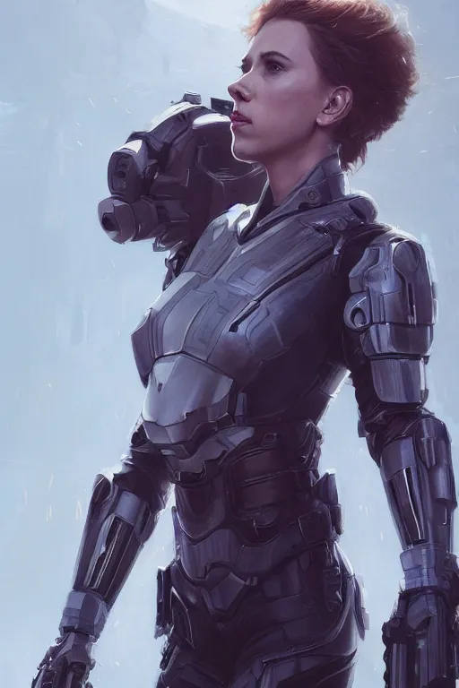 Image similar to a fancy portrait of a Scarlett Johansson wearing sci-fi armour by Greg Rutkowski, Sung Choi, Mitchell Mohrhauser, Maciej Kuciara, Johnson Ting, Maxim Verehin, Peter Konig, final fantasy , mythical, 8k photorealistic, cinematic lighting, HD, high details, atmospheric,