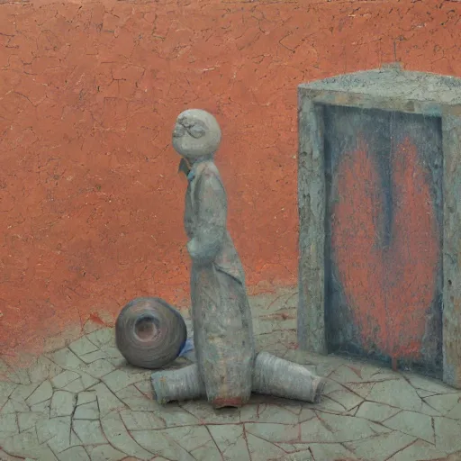 Prompt: a detailed, impasto painting by shaun tan and louise bourgeois of an abstract forgotten sculpture by ivan seal and the caretaker, lost in the past