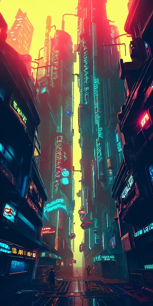 Image similar to epic cyberpunk arcade city : : blade runner, james guilleard, beeple, laurie greasley, dan mcpharlin : : ornate, dynamic, particulate, rich colors, intricate, elegant, highly detailed, centered, artstation, smooth, sharp focus, octane render, 3 d