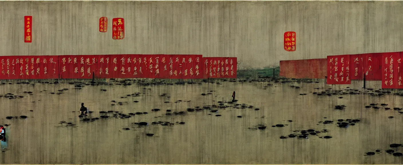 Image similar to a chinese prison near a river by peter doig, muted colors, overlaid with chinese adverts