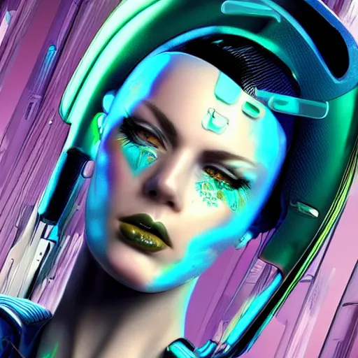 Prompt: beautiful futuristic cyber punk woman, photo realistic, hyper detailed, comic book illustration, blue mohawk, green eyes, voluptuous