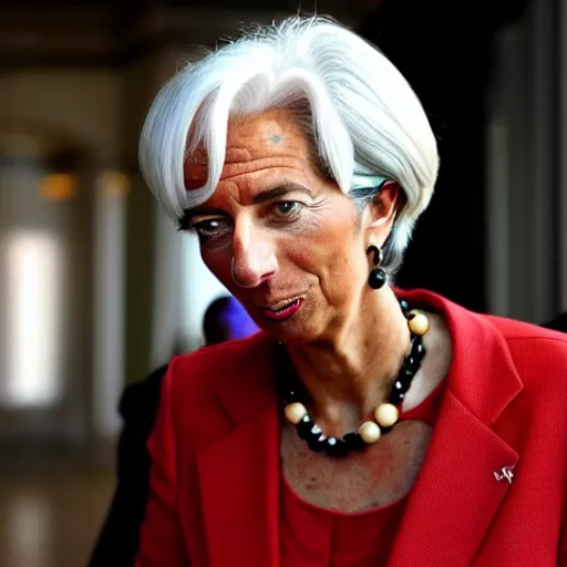 Image similar to Christine Lagarde with colorful clown makeup all over his face