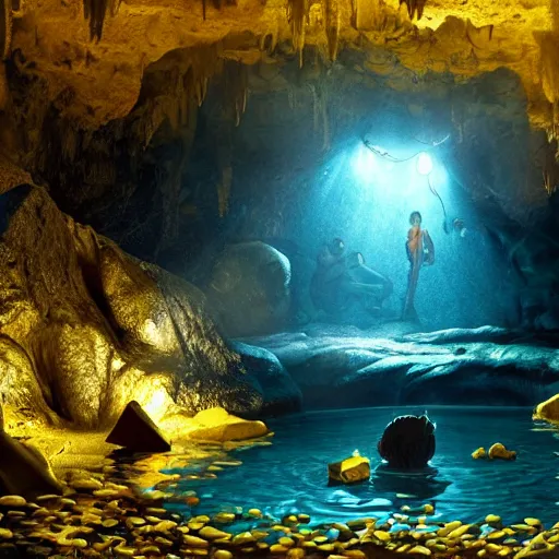 Prompt: inside the wishing well cavern, piles of gold coins, shallow water, gold refractions off water, moonlight beam from above illuminates cavern, cory feldman is kicking the water, reflective clean water on cavefloor, slick wet walls, leaves cave, small flowing stream from wall, the hippies are setting up a cloud camp, gold dappled lighting, movie poster painting