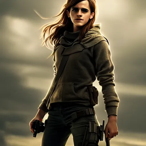 Prompt: emma watson posing for an action movie, realistic, 8 k, extremely detailed, cgi, trending on artstation, hyper - realistic render, 4 k hd wallpaper, premium prints available, octane render, award winning, by greg rutkowski