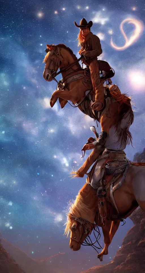 Image similar to a smoking cowboy riding his horse, overlooking a canyon, red hair and blue eyes, stars and galaxies visible in the nightsky, sad and introspective, highly detailed, artstation, stunning, 8 k