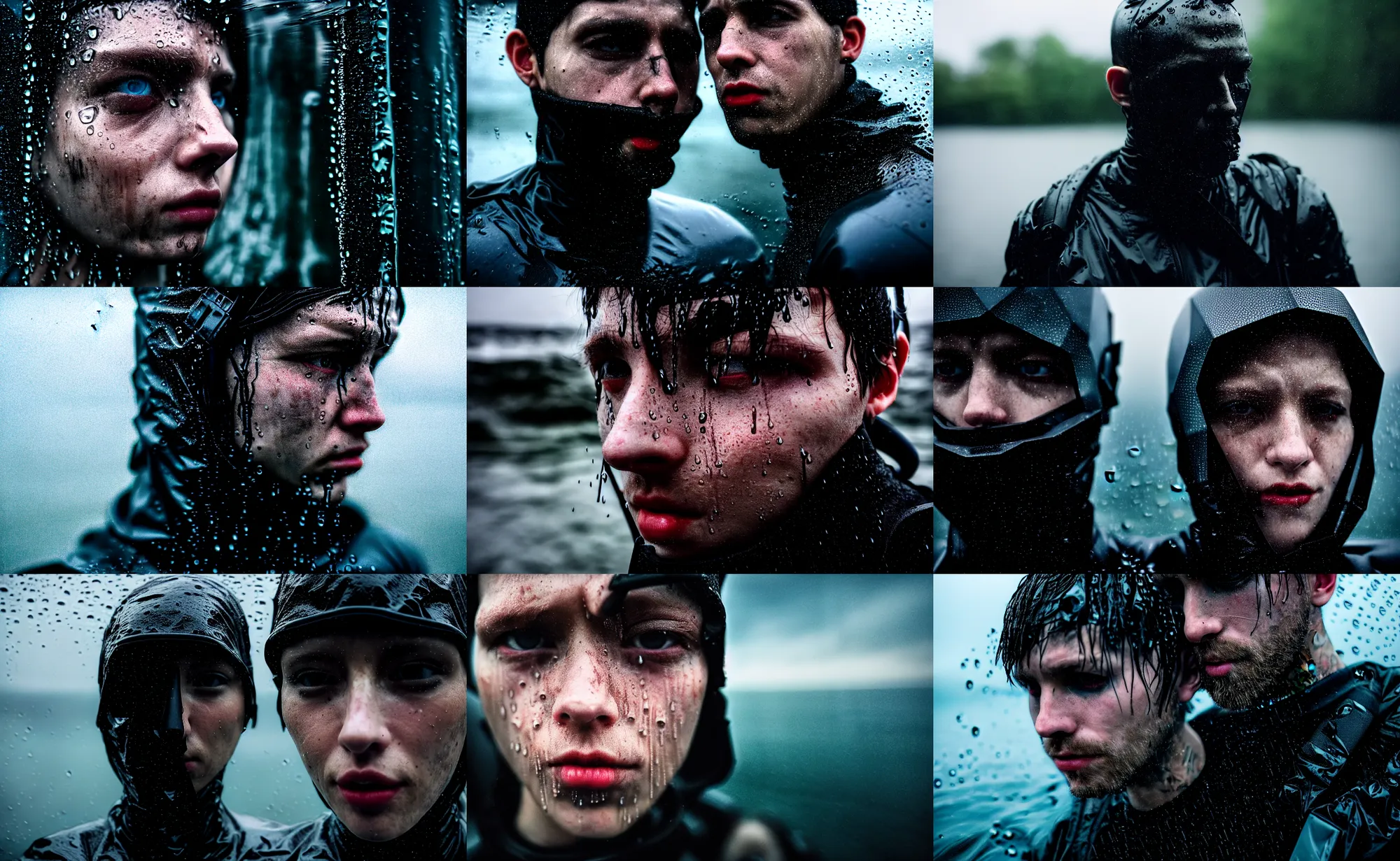 Prompt: cinestill hasselblad candid photographic portrait by robert capas of cyberpunks wearing rugged black mesh techwear in treacherous waters, extreme closeup, modern cyberpunk moody depressing cinematic, pouring rain, 8 k, hd, high resolution, 3 5 mm, f / 3 2, ultra realistic faces, ex machina