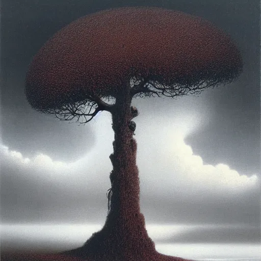 Image similar to thunderstorm hitting tree made by zdzisław beksinski