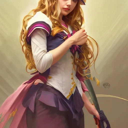 Image similar to Imogen Poots as Sailor Moon, western, D&D, fantasy, intricate, elegant, highly detailed, digital painting, artstation, concept art, matte, sharp focus, illustration, art by Artgerm and Greg Rutkowski and Alphonse Mucha