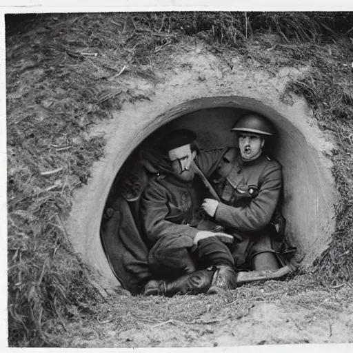 Image similar to 1910s black and white photograph of two world war one soldiers huddled in a bunker together, WWI, black and white