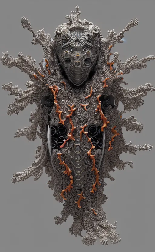 Prompt: armored angel intricate mask, eagle coral, jelly fish, mandelbulb 3 d, fractal flame, octane render, cyborg, biomechanical, futuristic, by ernst haeckel
