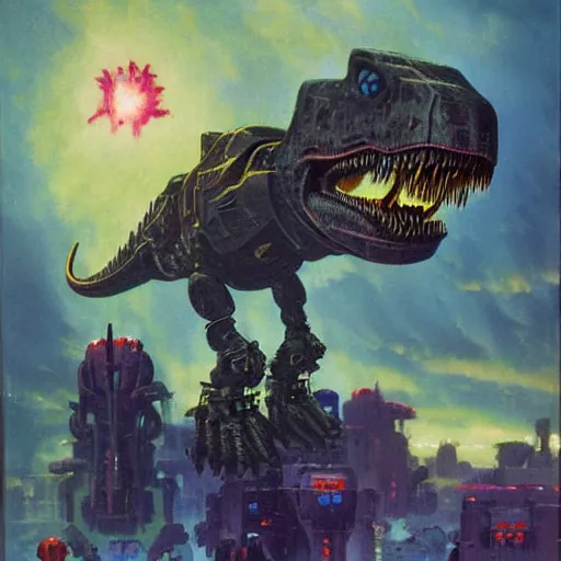Prompt: a large anthropomorphic t - rex shaped mecha by paul lehr and moebius