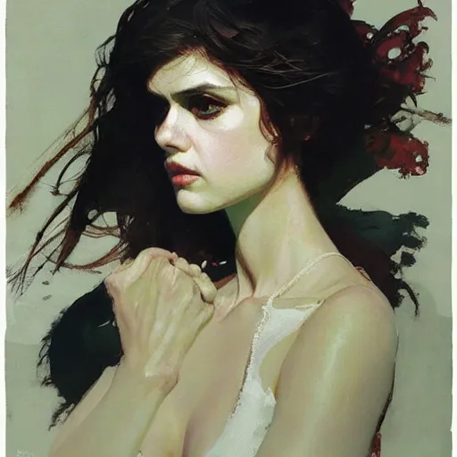 Image similar to alexandra daddario, intricate, elegant, highly detailed, greg manchess, mucha, liepke, ruan jia, jeffrey catherine jones, ridley scott