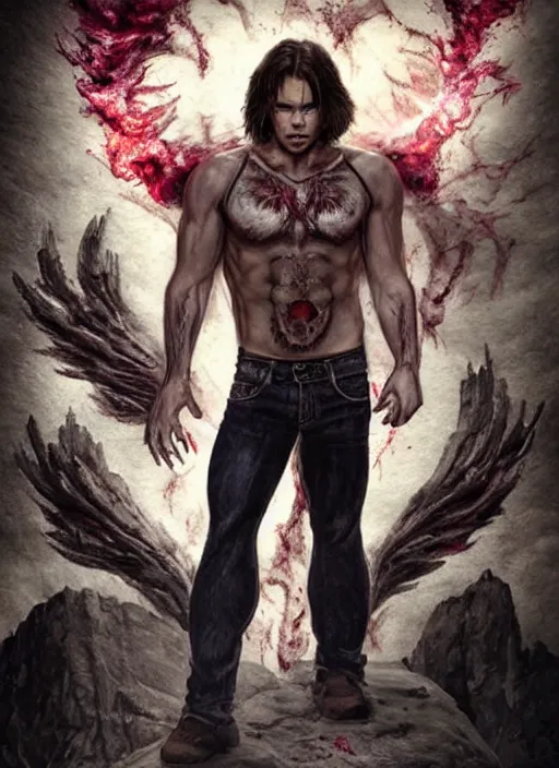 Image similar to Sam Winchester as a muscular half-blood werewolf with religious tattoos on chest and neck, stained and bleeding, magic overlays, magic flames, open portal with runes in the background, romance book cover style, D&D illustration style, (octane render) fantasy style, sharp focus, ultra detailed, art by Artgerm and Peter Andrew Jones, Ayami Kojima, Amano and Olivier Ledroit