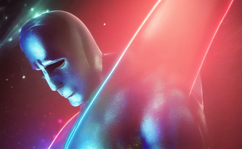 Image similar to silver surfer by bill sienkiewicz, unintentional mystique, macro up view metallic, tron, close up bokeh hiperrealistic neon glow darkness dramatic neon, sharp focus, octane render, imax