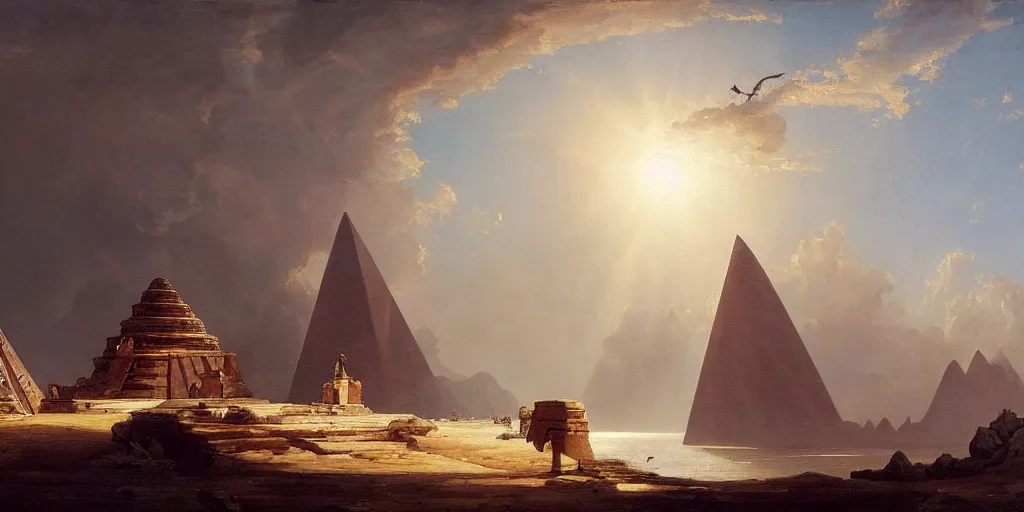 Prompt: hubert robert simonetti rutkowski epic painting watching spaceship starship in the sky, background is mesoamerican truncated pyramid