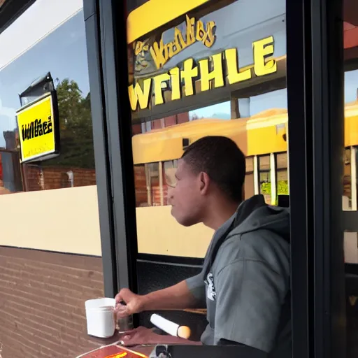 Prompt: wafflehouse restaurant smoking cigarette outside of wafflehouse employee inside and outside office