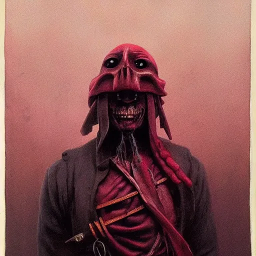 Image similar to Angry Pirate portrait, dark fantasy, maroon, artstation painted by Zdzisław Beksiński and Wayne Barlowe