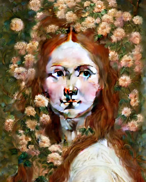 Prompt: a realistic oil painting of a girl resembling karen gillan, covered in flowers, highly detailed, intricate, artstation, by donato giancola and william adolphe bouguereau