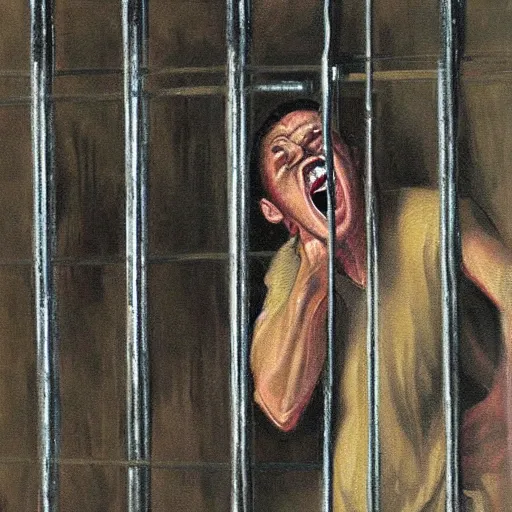 Image similar to a screaming prisoner holding prison bars, realism old painting