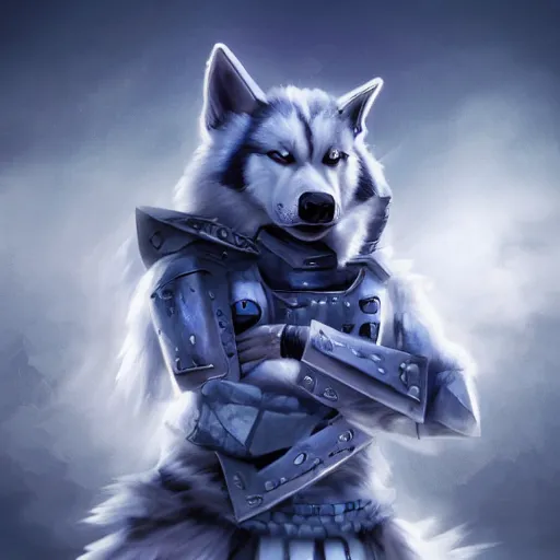 Prompt: /imagine prompt: white building barrack siberian anthro husky warrior with crusade armor and blue torus cyberpunk, cinematic light, cinematic epic ,octane 4k, 8k, detailed, ultra realistic, anime., centered