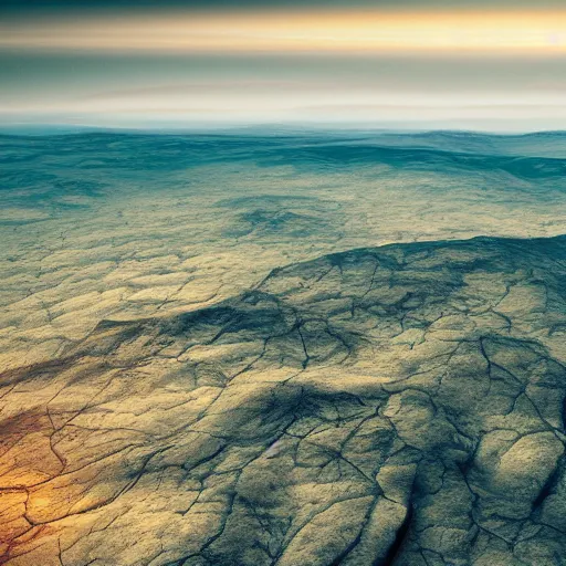 Image similar to An incredible matte photograph of an alien landscape taken from a satellite looking straight down, Nikon D5 Sigma 50–500mm lens, ambient occlusion, volumetric lighting, rtx ray tracing, unreal engine, psychedelic colors, by Vadim Sadovski artstation, Lighting by Charly Vanlaere artstation