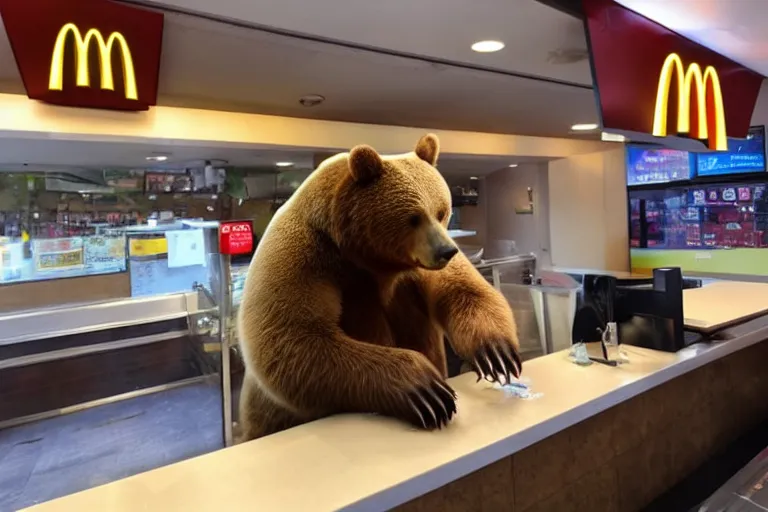 Image similar to a bear ordering a hamburger in mcdonalds