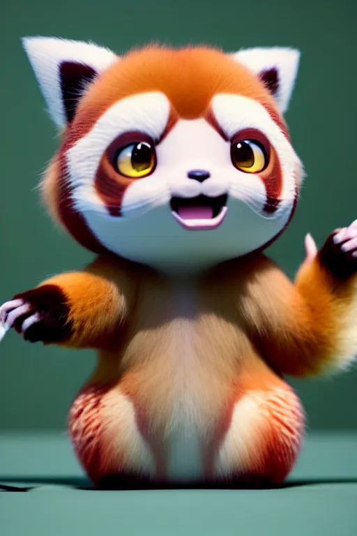 Image similar to high quality 3 d render hyperrealist very cute pastel fluffy! red panda & tarsier hybrid eating giant ice cream full body, vray smooth, in the style of detective pikachu, charlie immer, very dramatic light, low angle, uhd 8 k, shallow depth or field