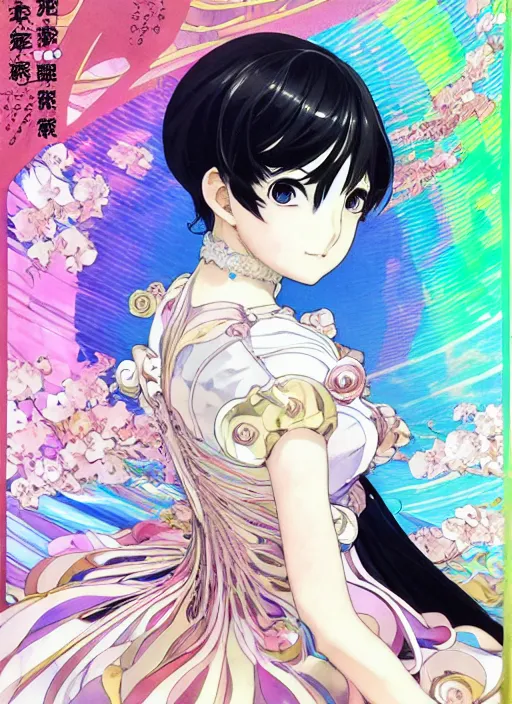 Prompt: manga poster of persona, rococo ruffles dress, pastel rainbow, pearlescent, shimmering, reflective, rim light, detailed background, by shigenori soejima. takeshi obata, minaba hideo, shigenori soejima, alphonse mucha, illustration,, artstation, pivix, concept art, highly detailed, colorful, maximalist