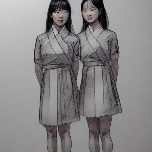 Image similar to a perfect, realistic professional digital sketch for a movie, two Japanese schoolgirls posing, in style of Marvel, full length, by pen and watercolor, by a professional American senior artist on ArtStation, a high-quality hollywood-style sketch, on high-quality paper