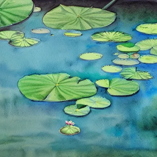 Image similar to watercolour painting of waterlilies with a teal background