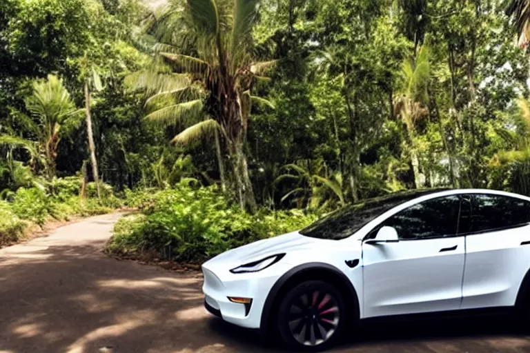 Image similar to Tesla model y on the road in a beautiful lush tropical city