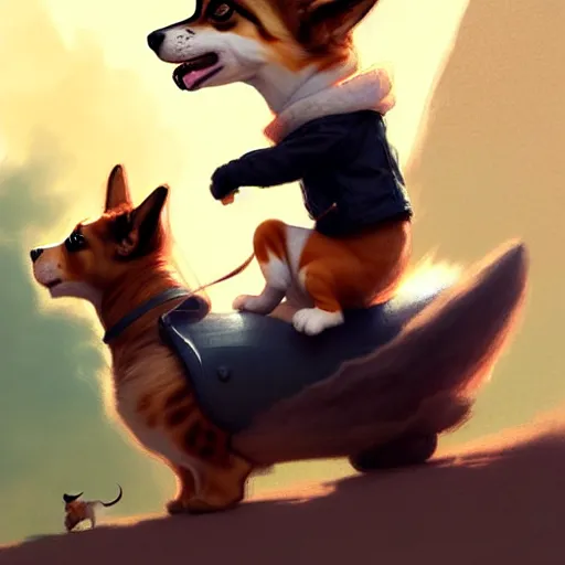 Image similar to tiny cat girl riding on the back of a giant corgi by greg rutkowski