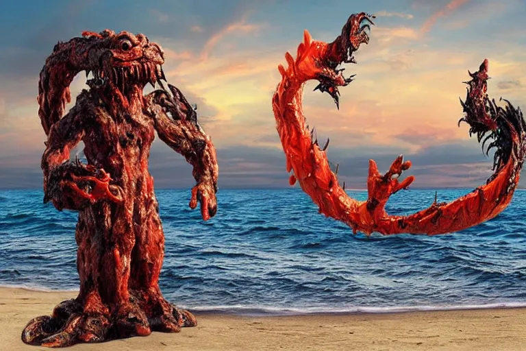 Image similar to 2 0 2 0 sighting of a mutated plastic monster with the face of capitalism rising out of the water on the beach, monster ashore, highly detailed, cinematic,