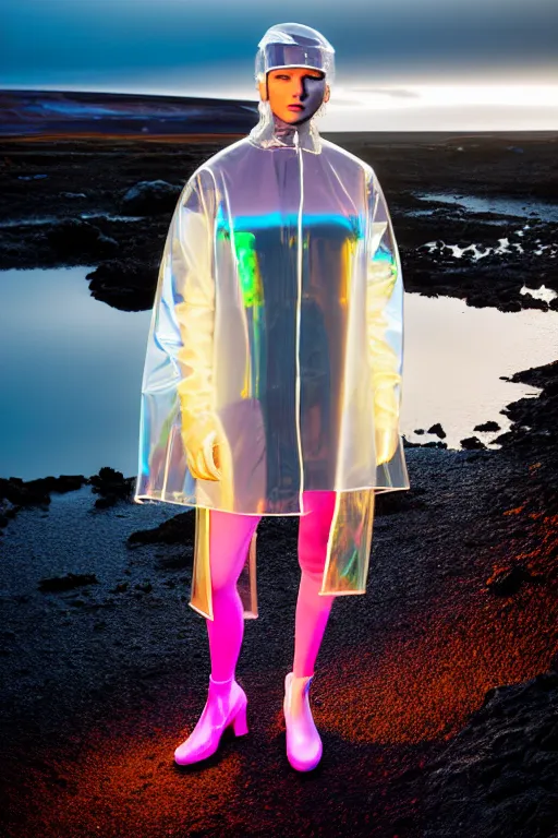 Image similar to an ultra high definition professional high fashion portrait studio full length photograph of a model wearing a transparent pearlescent raincoat and neon visor in an icelandic black rock environment at dawn. no artefacts. extremely detailed. stark. refraction. shallow depth of field. volumetric light and shadow. ray tracing. light rays.